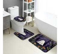 Juego de tapetes de baño de Halloween de 3 piezas, lindos fantasmas y hongos, absorbentes, antideslizantes, en forma de U, lavables, de espuma viscoelástica, de secado rápido