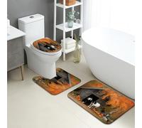 Juego de tapetes de baño de otoño de 3 piezas, rústico, vintage, con caballos blancos y negros con calabazas, absorbentes, antideslizantes, en forma de U, lavables, de espuma viscoelástica de secado
