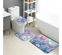 Juego de tapetes de baño de primavera de 3 piezas, diseño floral colorido, absorbentes, antideslizantes, en forma de U, lavables, flores vibrantes, de secado rápido, juego de alfombras de baño de