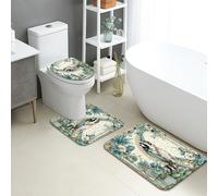 Juego de tapetes de baño de primavera de 3 piezas, diseño vintage de mapache relajante con flores, absorbentes, antideslizantes, en forma de U, lavables, de espuma viscoelástica de secado rápido