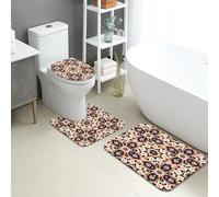 Juego de tapetes de baño florales de 3 piezas, color azul bohemio con patrón naranja, absorbentes, antideslizantes, en forma de U, lavables, elegantes alfombras de baño de espuma viscoelástica de