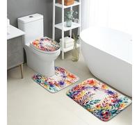 Juego de tapetes de baño florales de 3 piezas, con hojas coloridas, absorbentes, antideslizantes, en forma de U, lavables, inspirados en primavera, de franela, de secado rápido