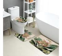 Juego de tapetes de baño florales de 3 piezas, elegantes flores de melocotón, hojas verdes, absorbentes, antideslizantes, en forma de U, lavables, decoración de primavera, juego de alfombras de baño