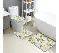 Juego de tapetes de baño florales de 3 piezas, hojas verdes, flores blancas, absorbentes, antideslizantes, en forma de U, lavables, decoración de primavera, juego de alfombras de baño de franela de