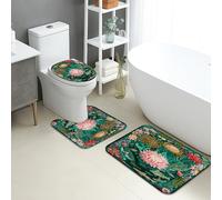Juego de tapetes de baño florales de 3 piezas, hojas verdes tropicales, absorbentes, antideslizantes, en forma de U, lavables, botánicos de verano, de franela, de secado rápido