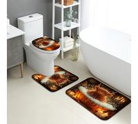 Juego de tapetes de baño otoñales de 3 piezas, diseño de calabaza de vaca de las tierras altas, absorbentes, antideslizantes, en forma de U, lavables, acogedoras alfombras de espuma viscoelástica de