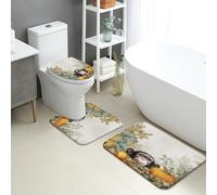 Juego de tapetes de baño otoñales de 3 piezas, diseño de calabazas y monos, absorbentes y antideslizantes, en forma de U, lavables, florales de temporada, de espuma viscoelástica, de secado rápido