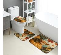 Juego de tapetes de baño otoñales de 3 piezas, diseño rústico de vaca de las tierras altas, calabaza, absorbentes, antideslizantes, en forma de U, lavables, para casa de campo, de temporada, de espuma