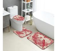 Juego de tapetes de baño vintage de 3 piezas, diseño de pájaros florales rojos, absorbentes, antideslizantes, en forma de U, lavables, decoración de primavera, juego de alfombras de baño de franela de
