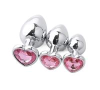 Juego de tapones anales de metal, juguetes anales, tapón anal de acero inoxidable, dilatador anal, pequeño + mediano + grande, base de cristal artificial en forma de corazón, juguete sexual para(Pink)