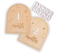 Juego de tarjetas de hitos intercambiables de noche estrellada de madera, letrero de hitos de mi primer año, marcador mensual de hitos de estrella para bebé, accesorios de fotos mensuales bohemios