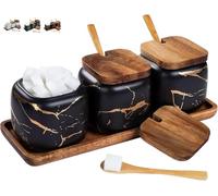 Juego de tarros especias, 3 unidades, azucarero cerámica con tapa y cuchara bambú para casa cocina, alternativa al especiero cocina mesa comedor, diseño mármol negro
