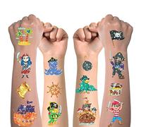 Juego de tatuajes temporales para niños, 10 hojas, diseño pirata brillante, impermeable, respetuoso con la piel, para niñas y niños, accesorios de decoración para fiestas de cumpleaños infantiles
