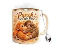 Juego de taza de café Punch Monkey con cuchara de acero inoxidable, taza de café Punch and His Bear | Lindo oso de peluche abrazando, regalo motivacional único para los amantes de los animales, taza