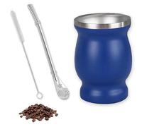 Juego de Taza de Calabaza de Acero Inoxidable,Taza Mate de Acero Inoxidable con Doble Pared Aislante, 260ml Juego de Té Mate, con Cuchara para Pajita y Cepillo de Limpieza(Azul)