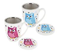 Juego de taza de té-Taza de té con filtro + Tapa Porcelana Diseño Búho 6piezas 11cm)
