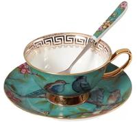 Juego de taza y platillo de estilo europeo de Eplze, porcelana de hueso artística, taza de té o café para el desayuno, diseño de pájaros y árboles (azul)