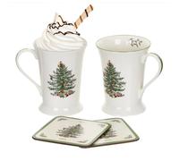Juego de taza y posavasos Spode Pimpernel Christmas Tree | Tazas de caf de porcelana de 280 ml | Juego de 2 | Posavasos con parte trasera de cor