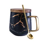 Juego de tazas de café de cerámica con diseño de oro mate, estilo bohemio nórdico, tazas de té, tazas con cuchara, disco de madera o tapa de madera, día de San Valentín (negro, 360 ml)