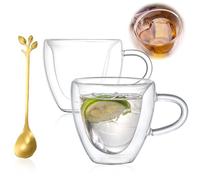 Juego de tazas de café de doble pared - 2 vasos de té de 180 ml con asa y cuchara, tazas de café expreso de corazón, regalo para mujeres, día de la madre, cumpleaños, boda, día de San Valentín (2)