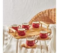 Juego de tazas de café Karaca rojo para 6 con bandeja de bambú 90 ml