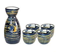 Juego de tazas de sake japonesas con diseño tradicional pintado a mano, porcelana, cerámica, tazas de cerámica, manualidades, copas de vino, 5 piezas (azul sabio)