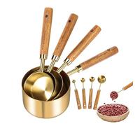 Juego de tazas medidoras con cuchara medidora - Acero inoxidable dorado con mango de madera de acacia | Juego de medidas de cocina - Accesorios para cocinar - 8 piezas, 0,8 mm de grosor, 440 g, dosifi