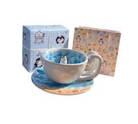 Juego de tazas para bebidas junto a la cama en caja de cerámica con platillo, cuchara y patrón de sello para café, té o leche, acogedor sello decorativo para escritorio, taza de cerámica en caja, té,