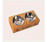 Juego de tazas personalizables para mascotas, incluyendo un alimentador de acero inoxidable con soporte de madera y tazas de comida y agua antideslizantes.