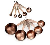 Juego de tazas y cucharas medidoras de cobre, juego de 10 piezas, apilables, 5 tazas medidoras y 5 cucharas medidoras con 2 anillos, chapado en cobre antiguo