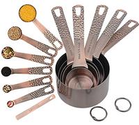Juego de tazas y cucharas medidoras, tazas y cucharas medidoras de cobre, acero inoxidable chapado en cobre, juego de 14 piezas, 5 tazas medidoras de cobre y 6 cucharas medidoras de cobre, 1 nivelador