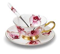 Juego de tazas y platillos con cucharas, Phalaenopsis Patterned Bone China 3 piezas Set de té de cerámica taza de café tazas de té tazas de porcelana floral cerámica tazas
