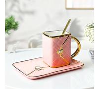 Juego de tazas y platillos con plato y cuchara, taza de café de cerámica, 310 ml, tazas de capuchino, taza de mocha, regalo para madre, novia, cumpleaños, día de San Valentín (rosa)