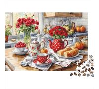 Juego de té Cozy Kitchen de 1000 Piezas, Juego de té de Rosas Rojas, para Adultos de 12 años en adelante, Juego Educativo, Hermosa decoración, desafío difícil, 52 x 38 cm