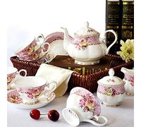 Juego de té de 15 piezas para adultos Tetera de café de hueso China Taza de café Juego de té de porcelana con tetera Juego de té para el té de la tarde, C (C) (A) Decoración