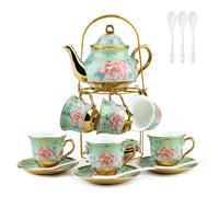Juego de té de cerámica con soporte de metal, 20 piezas de porcelana con diseño de flores vintage, juego de té para 6 personas, taza de cerámica de 160 ml, tetera de 700 ml, para fiestas