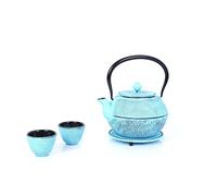 Juego de té de fundición Echtwerk de 1,1 l con colador extraíble, tetera con posavasos y 2 tazas de té, tetera vintage para preparar té a granel Azul claro
