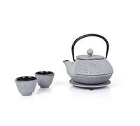 Juego de té de hierro fundido Echtwerk - Tetera de 0,8 l con colador extraíble - Tetera con platillo y 2 tazas de té - Estilo vintage - Gris