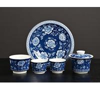 Juego de té de porcelana china azul y blanca con patrón floral, tetera con tapa, 3 tazas de té, platillo, estuche de presentación