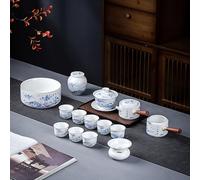 Juego de té de porcelana china con diseño de paisaje de montaña azul, servicio completo de té Gongfu con tetera, Gaiwan, tazas y mango de madera