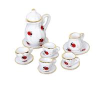 Juego de té de Porcelana en Miniatura para casa de muñecas, vajilla en Miniatura, Plato, Taza, Plato, Estampado de Mariquita, Mini Juego de té, 15 Uds., 1/12