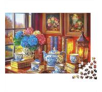 Juego de Té de Porcelana Puzzle para Adultos Puzzle de 1000 Piezas Naturaleza Muerta con Flores Puzzle para Toda la Familia Decoración Hogar Relajante 52x38cm/1000pcs