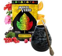Juego de té de yerba mate con Yerba Mate Green Monte Verde Frambuesa 500g, té de mate con frambuesa, taza de cerámica de té de mate Marmol 350ml, bombilla de acero inoxidable 19cm