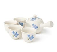 Juego de té japonés Kyusu blanco con flores azules - tetera 320 ml asa lateral con colador de acero inoxidable + 4 tazas 110 ml - de cerámica fina para té verde Sencha y Gyokuro (Rindō)