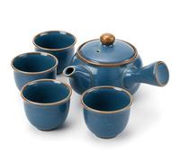 Juego de té japonés Kyusu en cerámica azul - tetera 320 ml asa lateral con colador de acero inoxidable + 4 tazas 110 ml - ideal para té verde Sencha y Gyokuro (Umi)