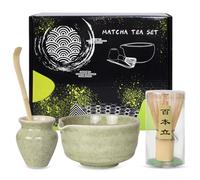 Juego de Té Matcha,Batidor de Matcha,Cuchara de Bambú para Matcha,Cuenco de Cerámica con Vertedor,Kit de Inicio de 4 Piezas para Ceremonia de Matcha,Incluye Soporte para Batidor y Cuchara de Matcha