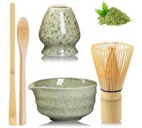 Juego de té matcha de 5 piezas, juego de té matcha, batidor de matcha, cuenco de cerámica para matcha, cuenco de matcha con boquilla, soporte para agitador matcha y cuchara de bambú, accesorios para