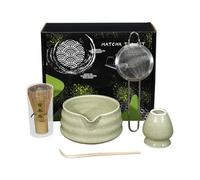 Juego de té matcha japonés, cuenco de cerámica para matcha con escoba de bambú, pala y soporte para escobas | Auténtico juego de 5 piezas para ceremonia tradicional japonesa, cocina casera, comedores