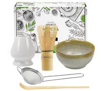 Juego de té matcha japonés de 5, juego de batidor Matcha con batidor de 100 puntas, soporte para batidor, cuchara tradicional, tamiz de té y cuenco de cerámica Matcha