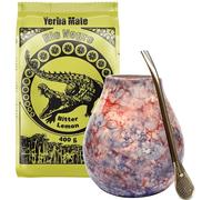 Juego de té mate Yerba con Rio Negro amargo limón 400 g ● té yerba mate argentino con limón ● Taza de cerámica mate Caleidoscopio 350 ml ● Cerámica mate Calebasse ● Pajita de acero inoxidable Bombilla
